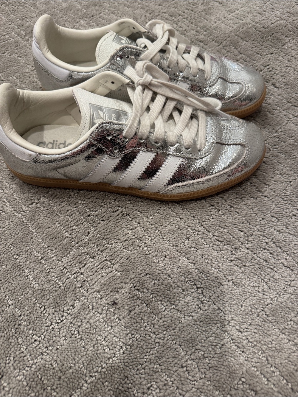 adidas Metallic Silver Low-Top Sneakers with White Stripes